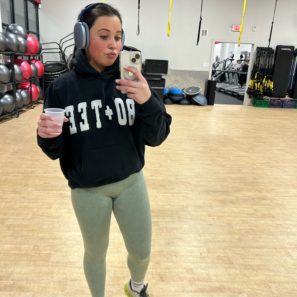 Black BO+TEE Hoodie and Green Leggings